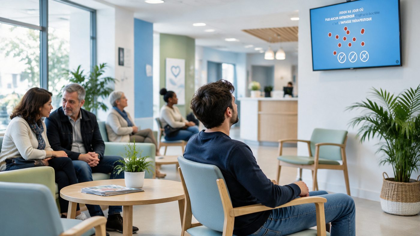 Patients dans un centre de santé regardant un écran de prévention