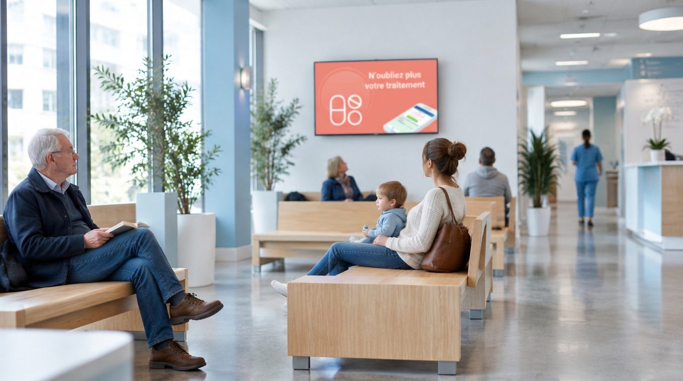 Hall d'attente d'hôpital avec un écran d'affichage dynamique